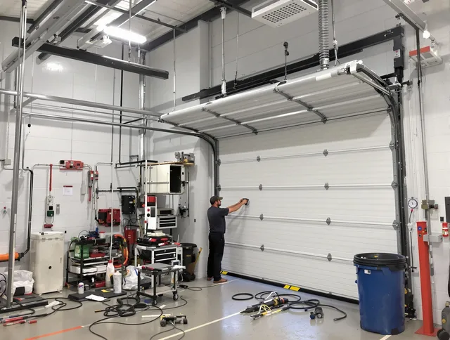 Tiverton Garage Door Repair certified technician performing commercial door repair at a Tiverton business facility