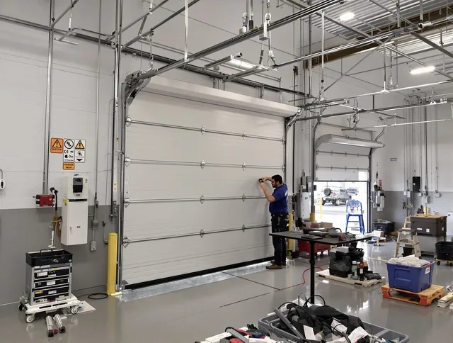 Commercial garage door repair being performed by Tiverton Garage Door Repair expert in Tiverton