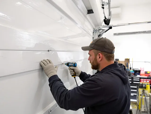 Tiverton Garage Door Repair technician demonstrating precision dent removal techniques on a Tiverton garage door