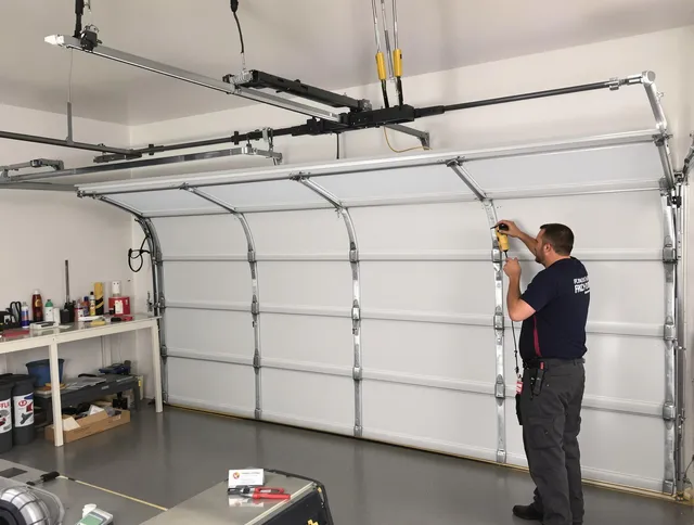 Tiverton Garage Door Repair certified technician performing overhead door system repair in Tiverton