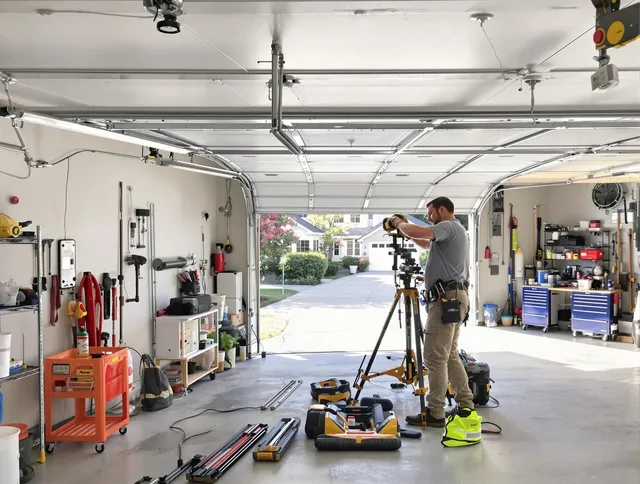 Tiverton Garage Door Repair specialist performing laser-guided track alignment in Tiverton